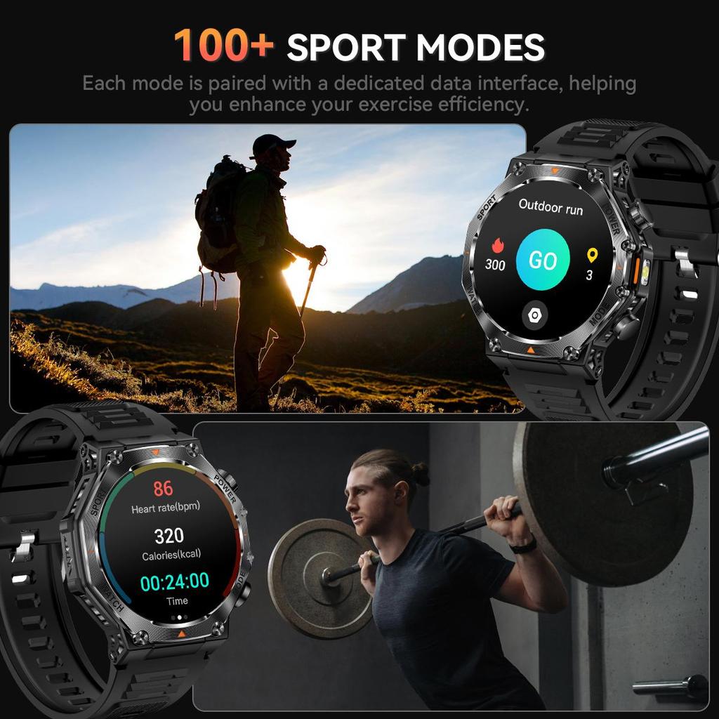 Militärische QTLLBT SmartWatch 1,46 Zoll HD LED Taschenlampe Kompass Fitness Tracker mit Funktion Sportuhr, Herzfrequenz SPO2 Kompatibel mit