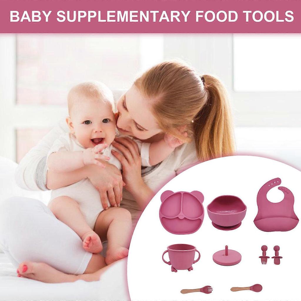 Silicone Baby Feeding Set Suction Bowl Plate Cup Fork Spoon Adjustable Bib Silicone Texture Suitable for Baby Toddlers Pink