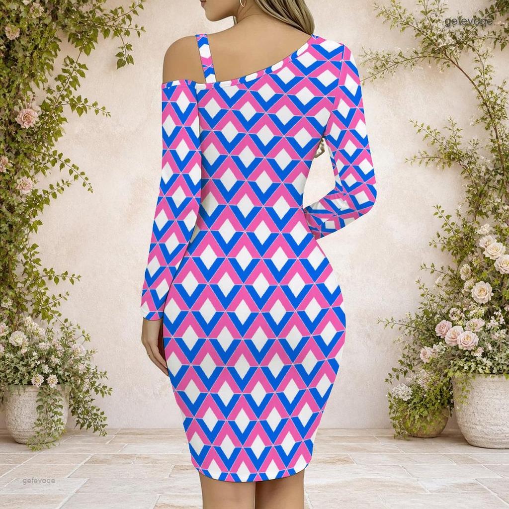 Women S Plus Size Chain Strap Cold Shoulder Long Sleeve Printed Asymmetrical Bodycon Dress