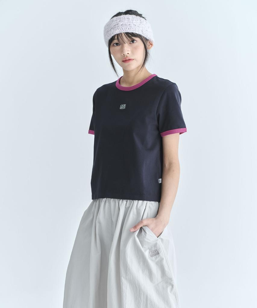 CGP (Women) Small Square Embroidered Logo Ringer Short Sleeve T-Shirt - Dark Navy