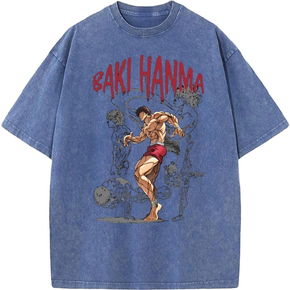 Anime Baki Hanma Baki Cool Printed Tshirt Men Manga Vintage T-shirts Washed Cotton Tee Harajuku Male Casual Oversized T Shirt