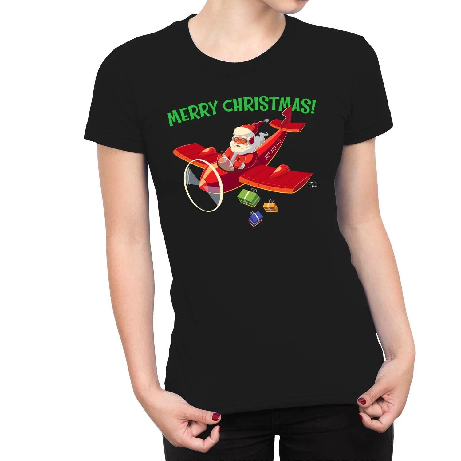 1Tee Womens Santa Delivering Presents in Airplane T-Shirt XS
