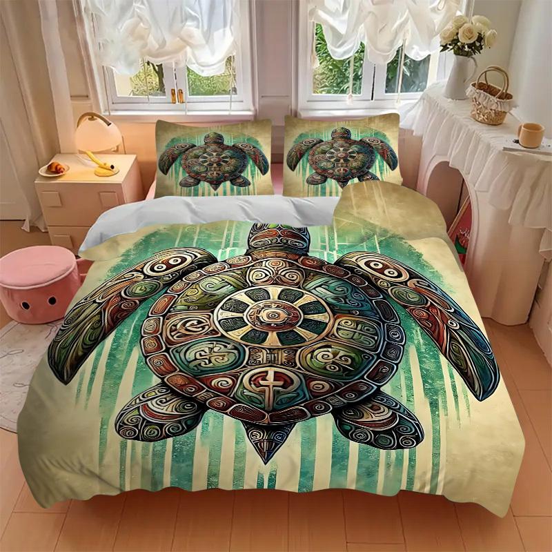 Set Copripiumino con Disegno di Tartarughe 3 Pezzi - Include 1 Copripiumino e 2 Federe, Senza Imbottitura, Arredamento per la Casa Stagione Unica yy251111034