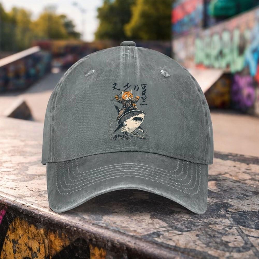 Samurai Cat Riding Shark Washed Baseball Cap Unique Graphic Adjustable Outdoor Cotton Snapback Hat