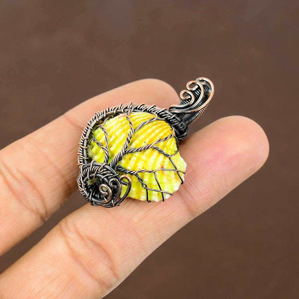 Natural Yellow Titanium Shell Handmade Copper Wire Wrap Pendant 1.77" m3M72