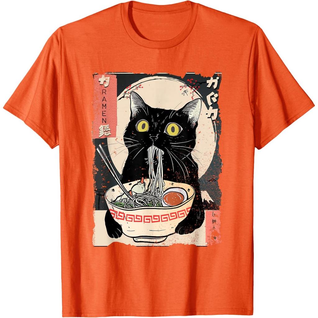 Black Cat Eating RaUnisex Japanese Ukiyo Style Graphic Tee T-Shirt Anime Food Lover Gift