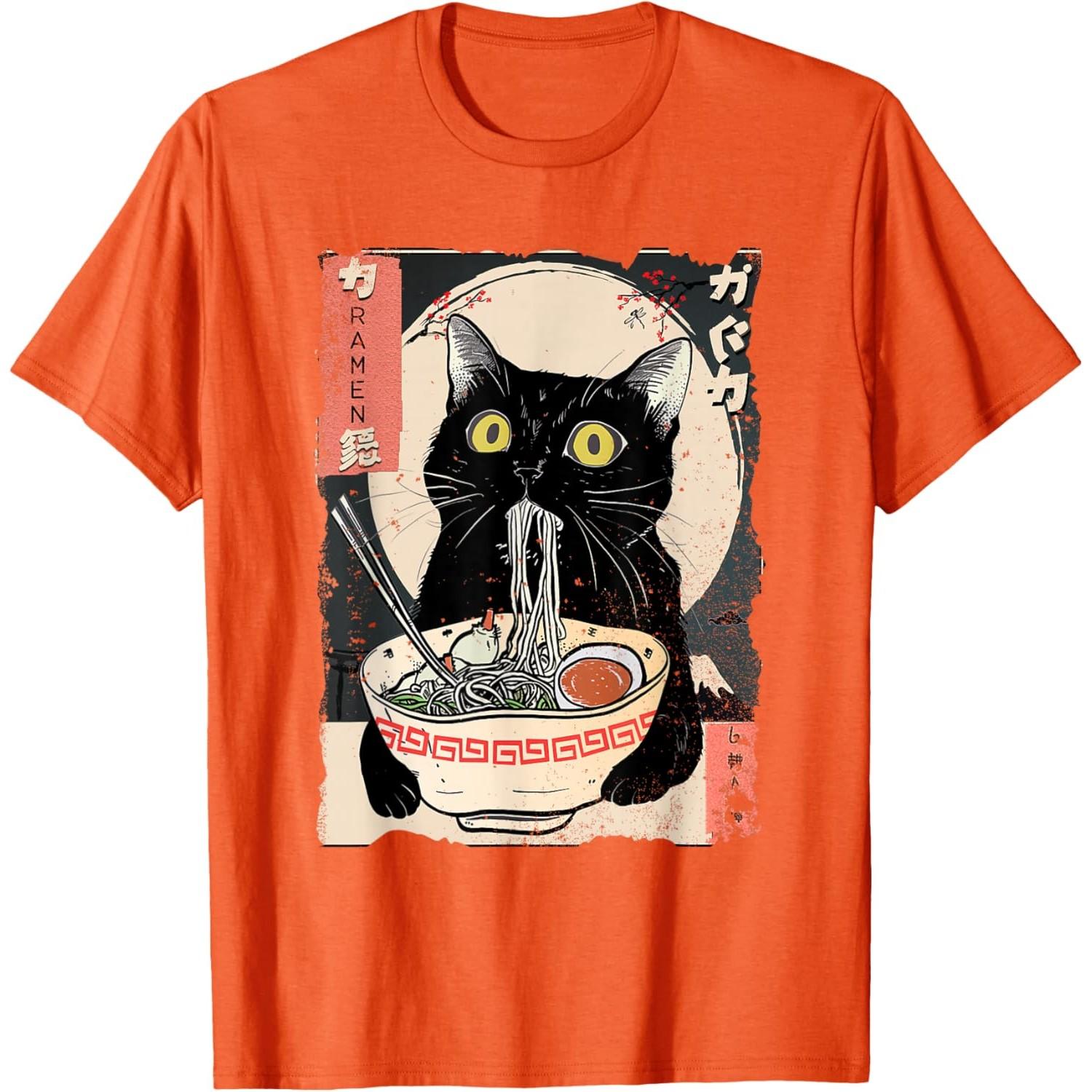 

Black Cat Eating RaUnisex Japanese Ukiyo Style Graphic Tee T-Shirt Anime Food Lover Gift 4XL