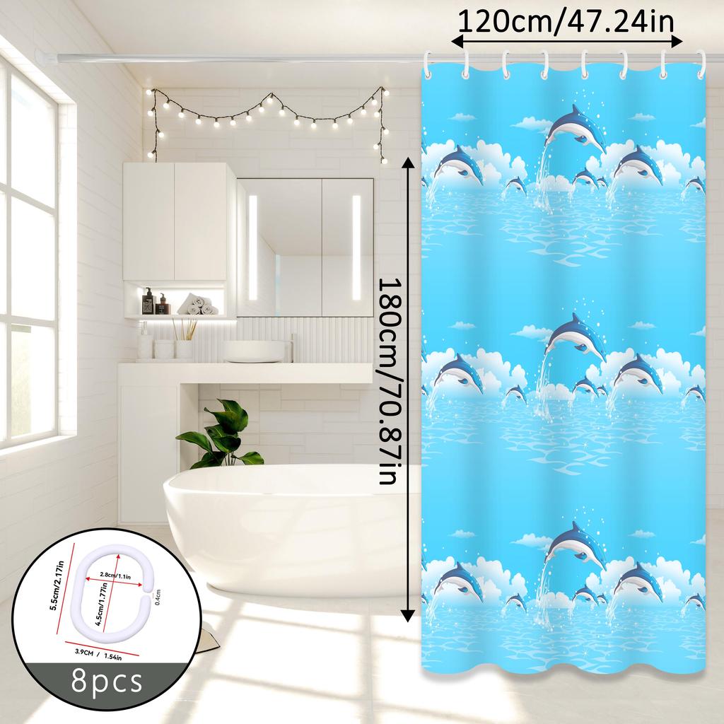 Dolphin Print Cartoon Shower Curtain, Ocean-Themed Bathroom Curtain, Cute Curtain for Parent-Child Room Bathroom