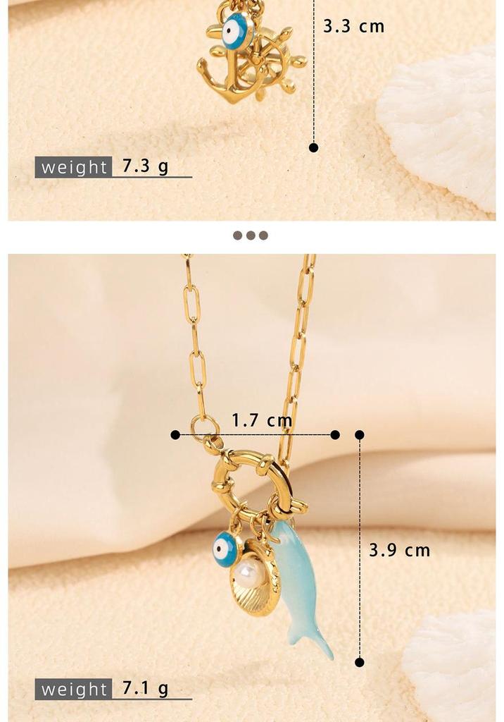 18K Gold Ocean-Style Detachable Pendant Necklace: Turtle, Anchor & Fishbone Design