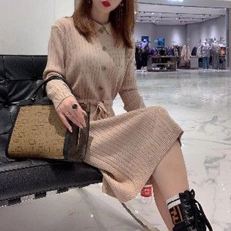 Vintage Basic Solid Color Knitted Midi Dress Autumn Winter Turn-down Collar Button Female Clothing Fashion Drawstring Dresses