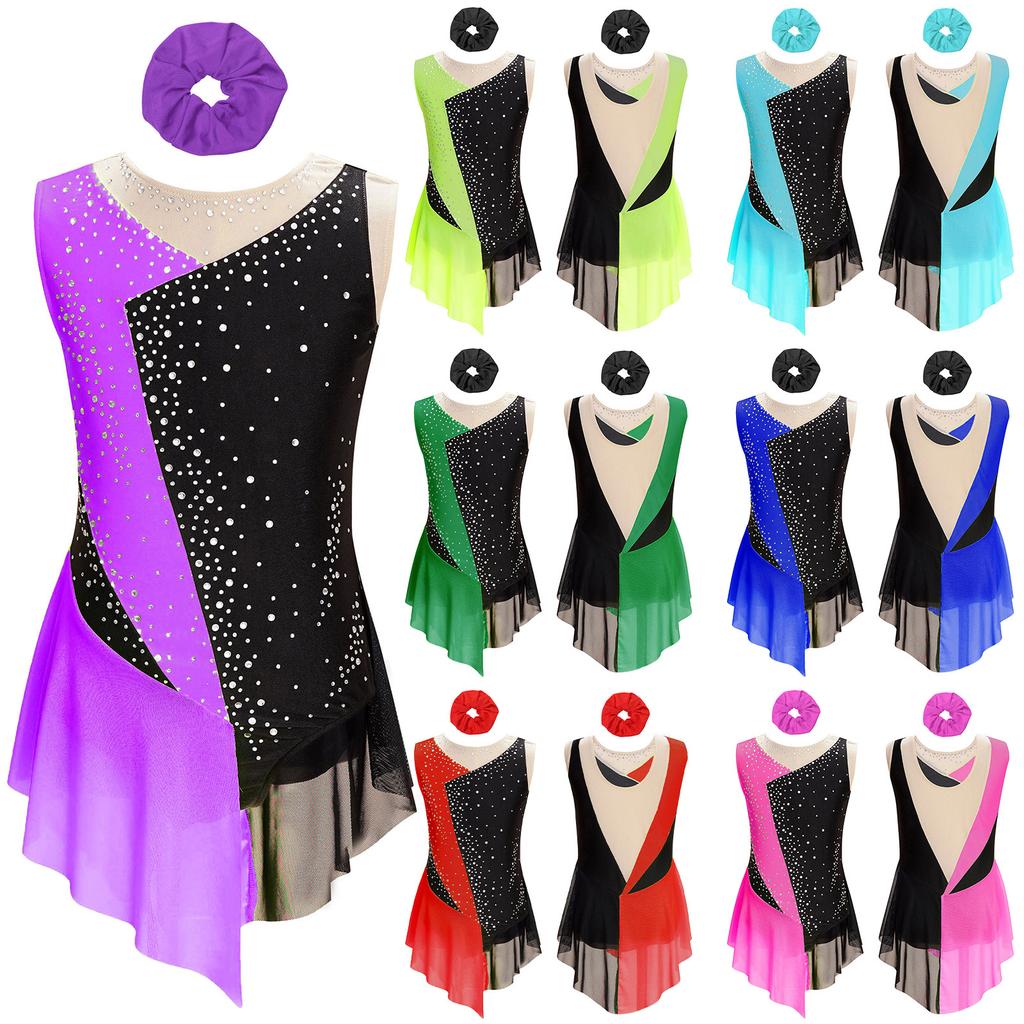 Girls Figure Skating Outfit Sparkly Rhinestone Color Block Leotard Sheer Mesh Patchwork Sleeveless Bodysuit