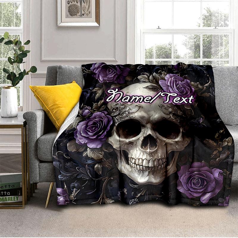 1PC Custom Name Skull Roses Artwork Outdooor Flannel Blankets Throw Blanket All-Season Throw Gift Bedspread for Couch, Bed, Camping Holiday Birthday G