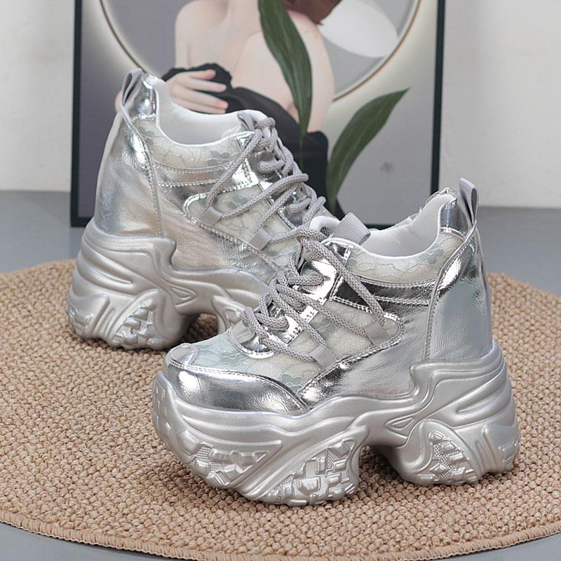 Fashion 14CM Air Mesh Synthetic Genuine Leather Platform Wedge Flats Women Vulcanize Hollow Summer Chunky Sneakers Shoes