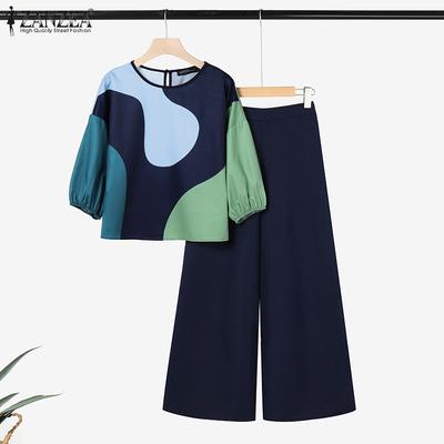 Women 3/4 Sleeve Print Blouse and Pants Casual Two Piece Suit Sets