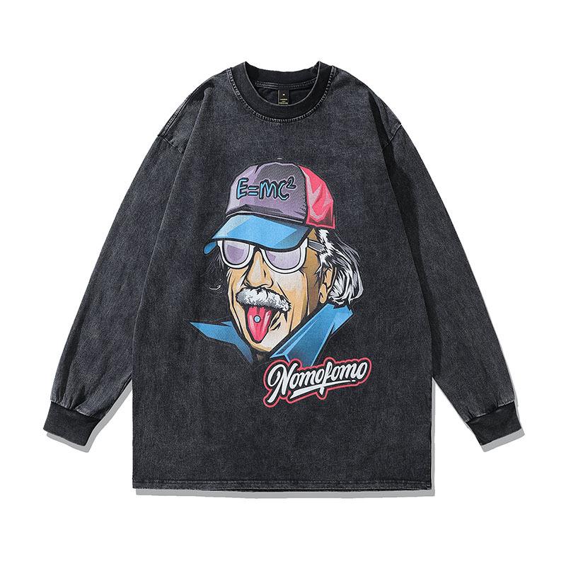 European And American High Street Trendy Brand Doberman Pinscher Printed Long-Sleeved T-Shirt Men'S And Women'S Vibe Style Retro Trendy Brand Washing