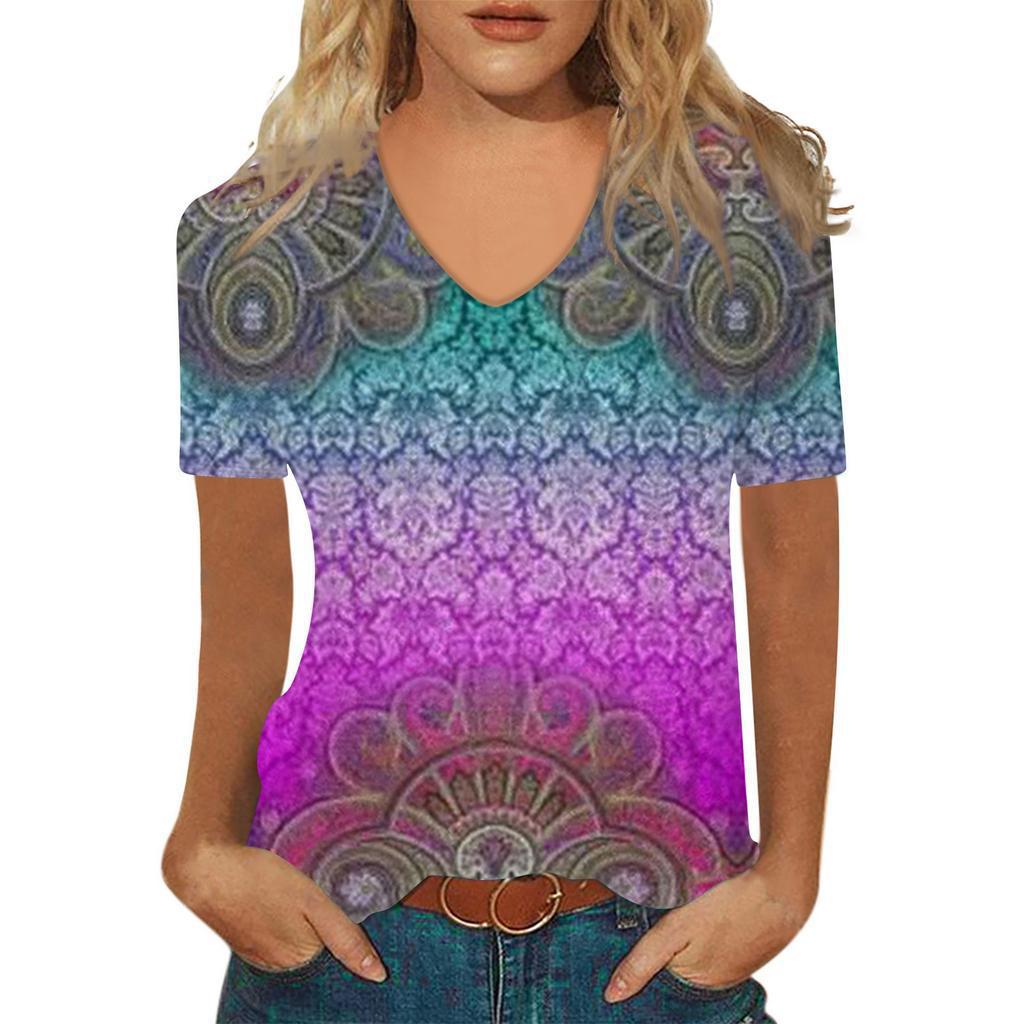 Sommer V-Ausschnitt 3D Abstraktes Retro-Muster Bedrucktes Oberteil Modische Lässige Kurzarm Damen T-Shirts