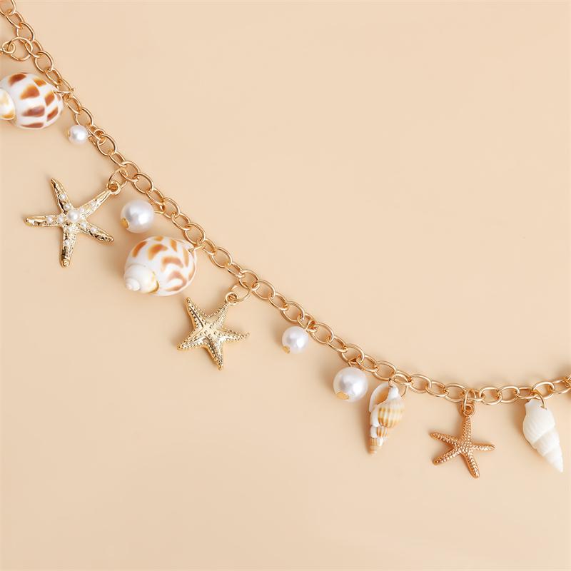 Exaggerated Starfish Pendant Necklace for Women Shell Conch Imitation Pearl Chain Bracelets Summer Beach Vacation Jewelry Gift