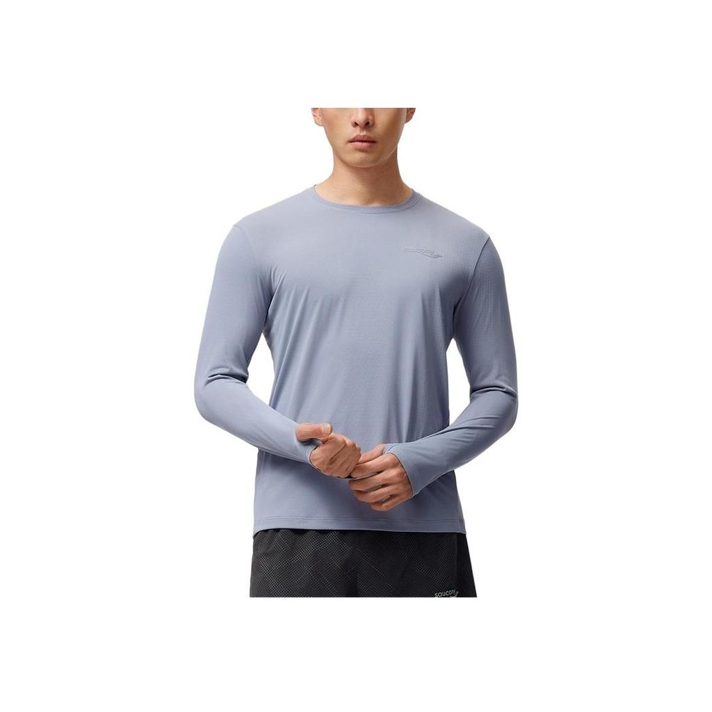 Saucony Logo Moisture-Wicking Quick-Dry Breathable Knitted Long Sleeve T-Shirt Men tops Light-Mist-Gray SC2249047B-GR61
