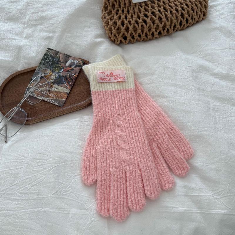 Women's Long Color Block Cable Knit Gloves for Autumn/Winter - Warm, Cold-Proof, Thickened Cycling Hand Protection