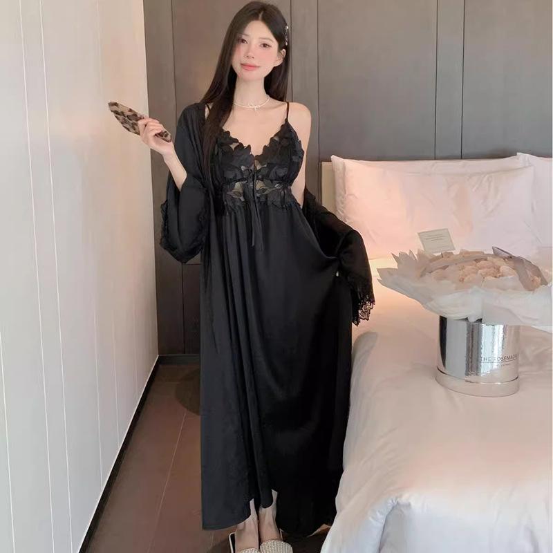 French sexy pajamas women's spring and autumn ice silk long suspender pajamas, two summer pure desire long skirts and robes with chest pads