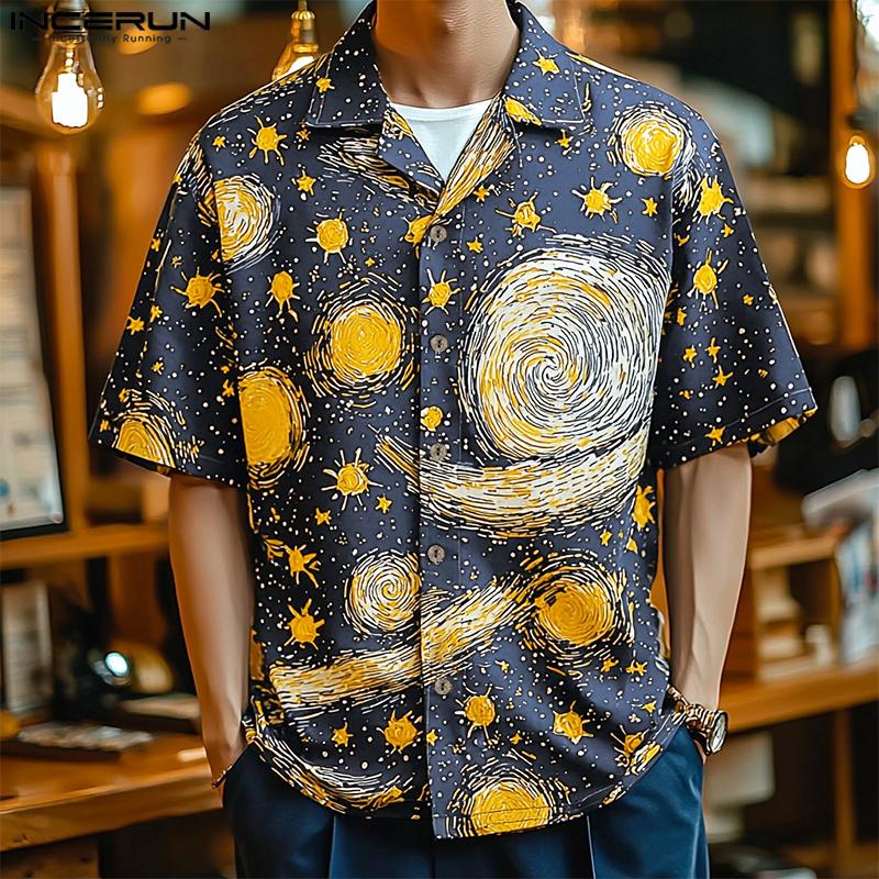 INCERUN Oversized Men Casual Lapel Neck Short Sleeve Printing Buttons Shirts