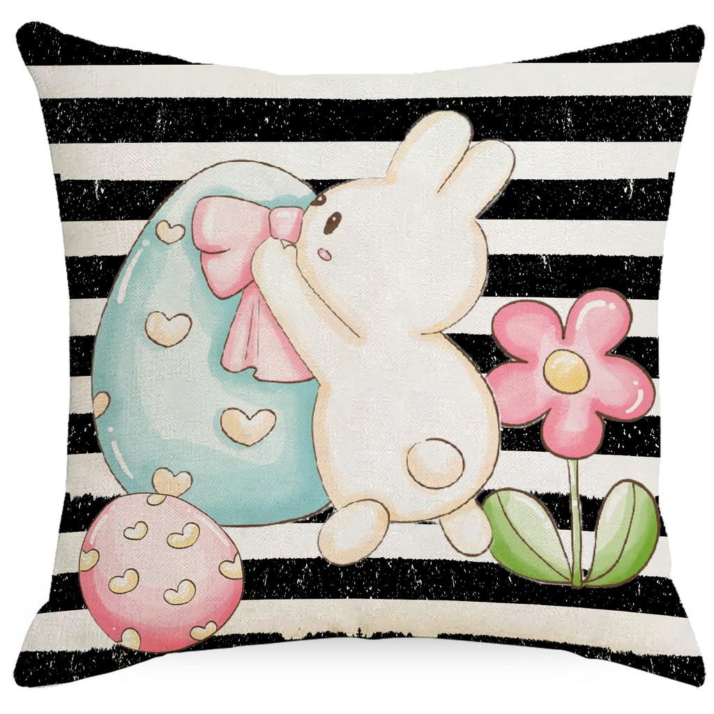 Osterkissenbezug Schwarz-Weiß Gestreiftes Kaninchen Osterei Bedruckter Leinenkissenbezug Sofakissen