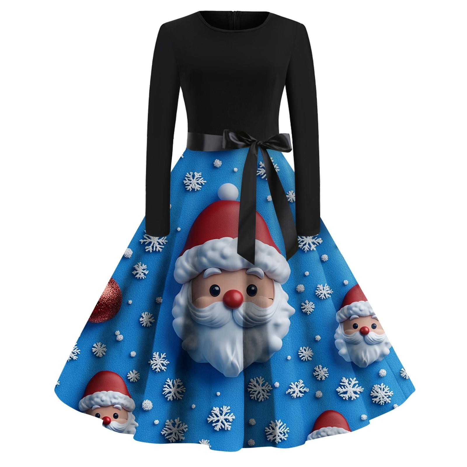 

Женская мода с круглым вырезом, повседневные тонкие рождественские платья с длинным рукавом и принтом XXXL темно-синий