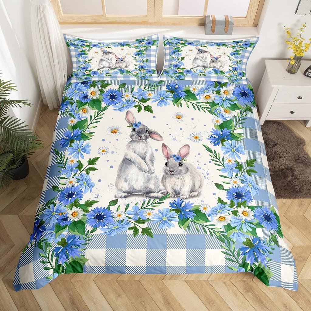 Pink Cherry Blossom Duvet Cover Happy Easter Theme Rabbit Ear Easter Eggs Bedding Set Polyester Butterfly Flower Comforter Cover