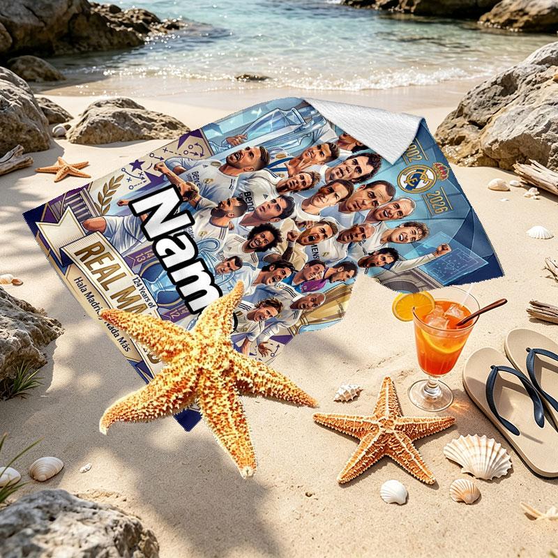 Custom Name Personalized Real Madrid CF Print Beach Towel, for Trip Camping Beach Party Home Decor, Birthday Gift for Family & Friends