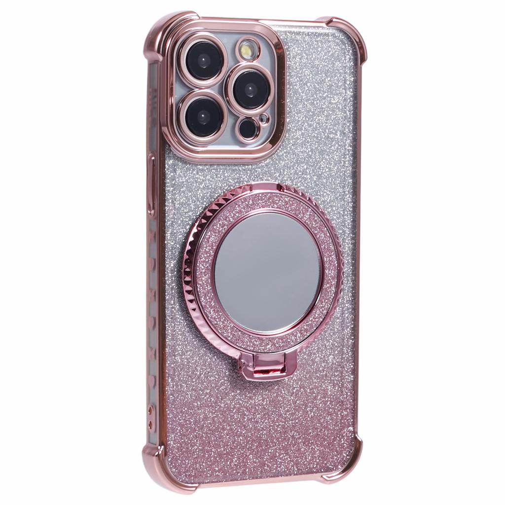 For iPhone 12 Pro Max Case Round Mirror Anti-drop TPU Glitter Phone Cover with Kickstand