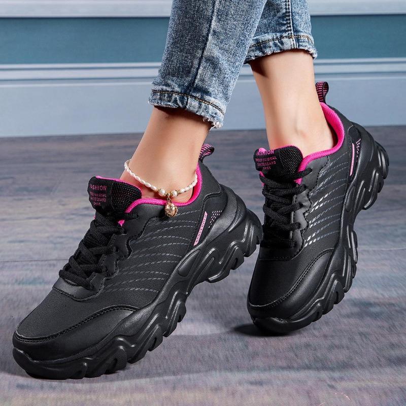 Sneakers Women Shoes Breathable Casual Flat Lace Up Black Chunky Sneakers Non-slip Walking Platform Shoes