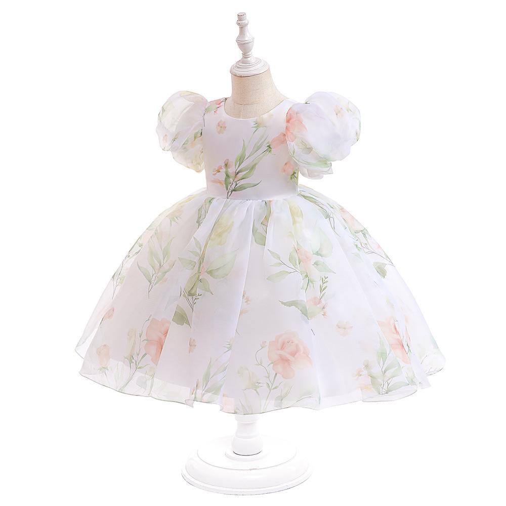 Girls' Dress  Puff Sleeve Princess Dress Children's Floral Dress Mesh Fluffy Dress