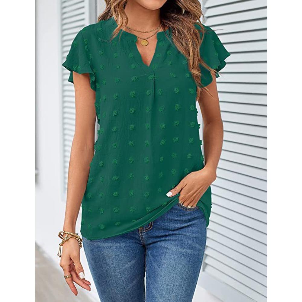 Women's Summer New V-Neck Ruffled Peplum Sleeve Pom-Pom Blouse Chiffon Shirt