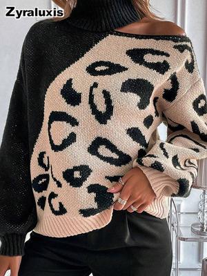 Autumn New Leopard Print High Neck Knit Sweater for Women