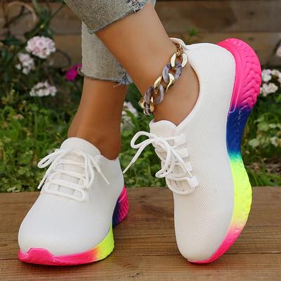 Breathable Mesh Flat Shoes for Women, Fashionable Casual Sneakers, White Color, Women's Trainers,