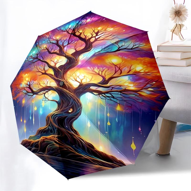 Enchanted Forest, Mystical Tree Themed Automatic Opening and Closing Umbrella, Compact Travel Umbrella, Lightweight and Portable, Suitable f