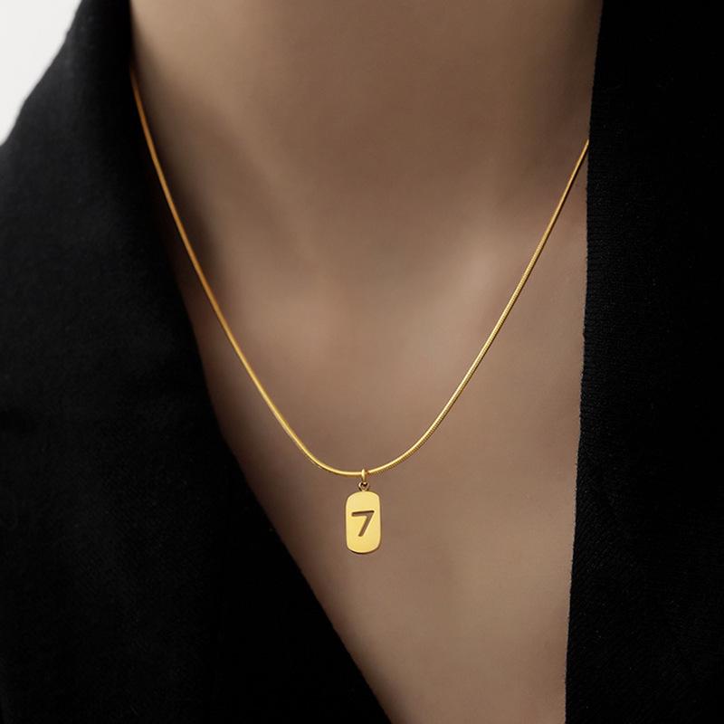 18k Gold Minimalist Snake Bone Chain with Lucky 7 Charm Necklace for Women