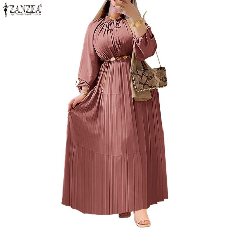 ZANZEA Women Casual Round Neck Solid Color Long Sleeve Loose Dress