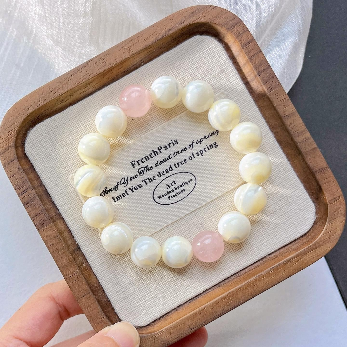 12Mm Large Particle Natural Shell Rose Quartz Design Bracelet