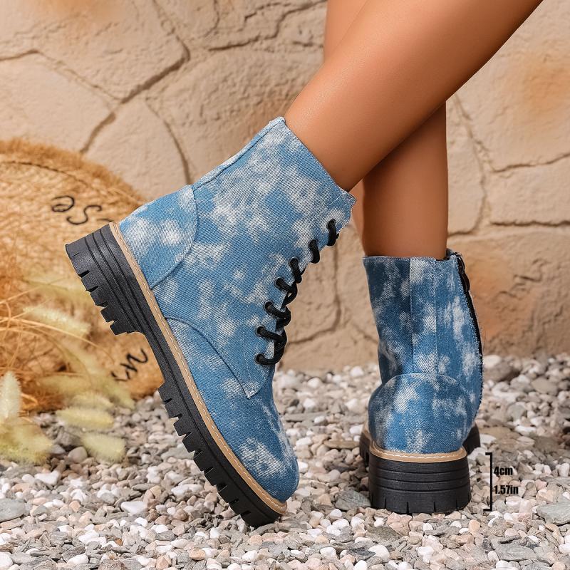 Dámské džínové kotníkové boty se silnou podrážkou 2025 podzimní móda batikované se zipem na boku westernové kovbojské boty dámské platformové boty plus size