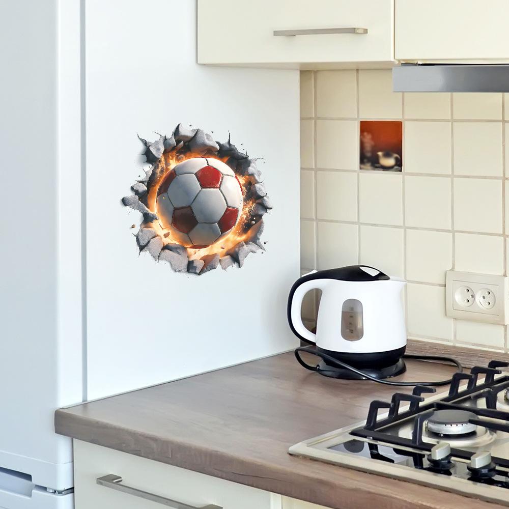 Soccer Ball Breaking Through Wall Sticker for Boys Bedroom Hallway Living Room Creative Removable Decal