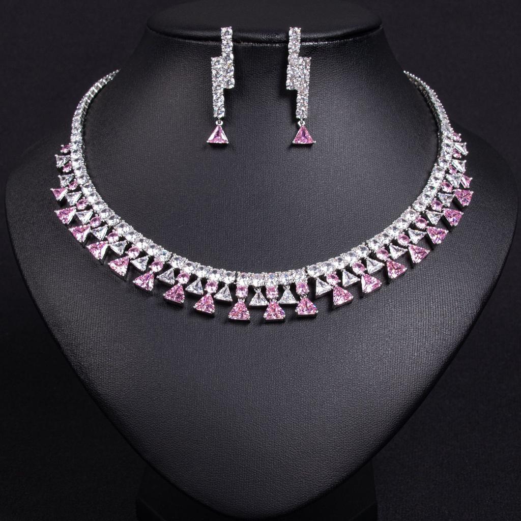 Women's Light Luxury Design Zircon Geometric Triangle Necklace Earring Set Fashionable And Versatile Niche Design Sense Set
