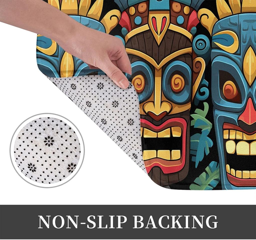Colorful Tiki Mask Doormat Non Slip Absorbent Indoor Outdoor Entryway Rug Flannel Floor Mat for Bathroom Kitchen Decor
