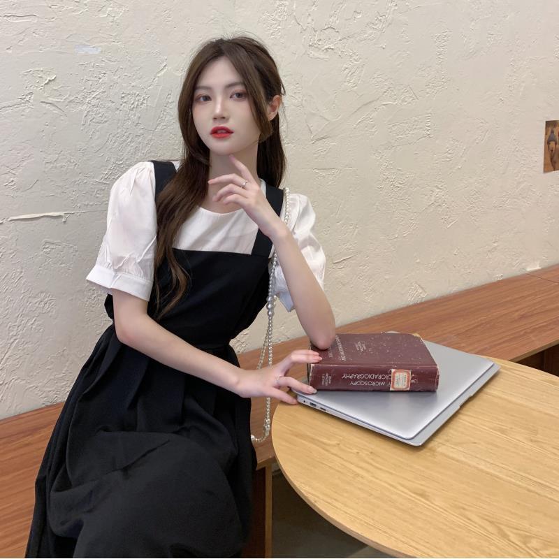 Damen Sommer Faux Zweiteiler Schwarzes Kleid - Französischer Retro, Trägerlang Patchwork Rock