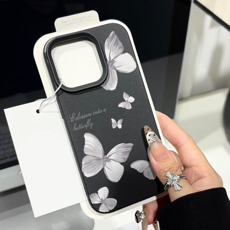 Color Butterfly Pattern Leather Texture Phone Case for iPhone 16 Pro 15 14 13 12 Pro Max Shockproof Matte Slim Plain Color Tpu Soft Anti-Fall Cover
