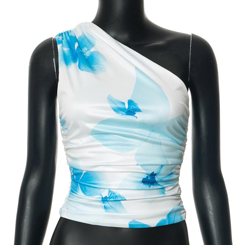 GMXIA Женский летний контрастный цвет без рукавов с косым воротником на одно плечо сексуальный принтованный топ для женщин S синий