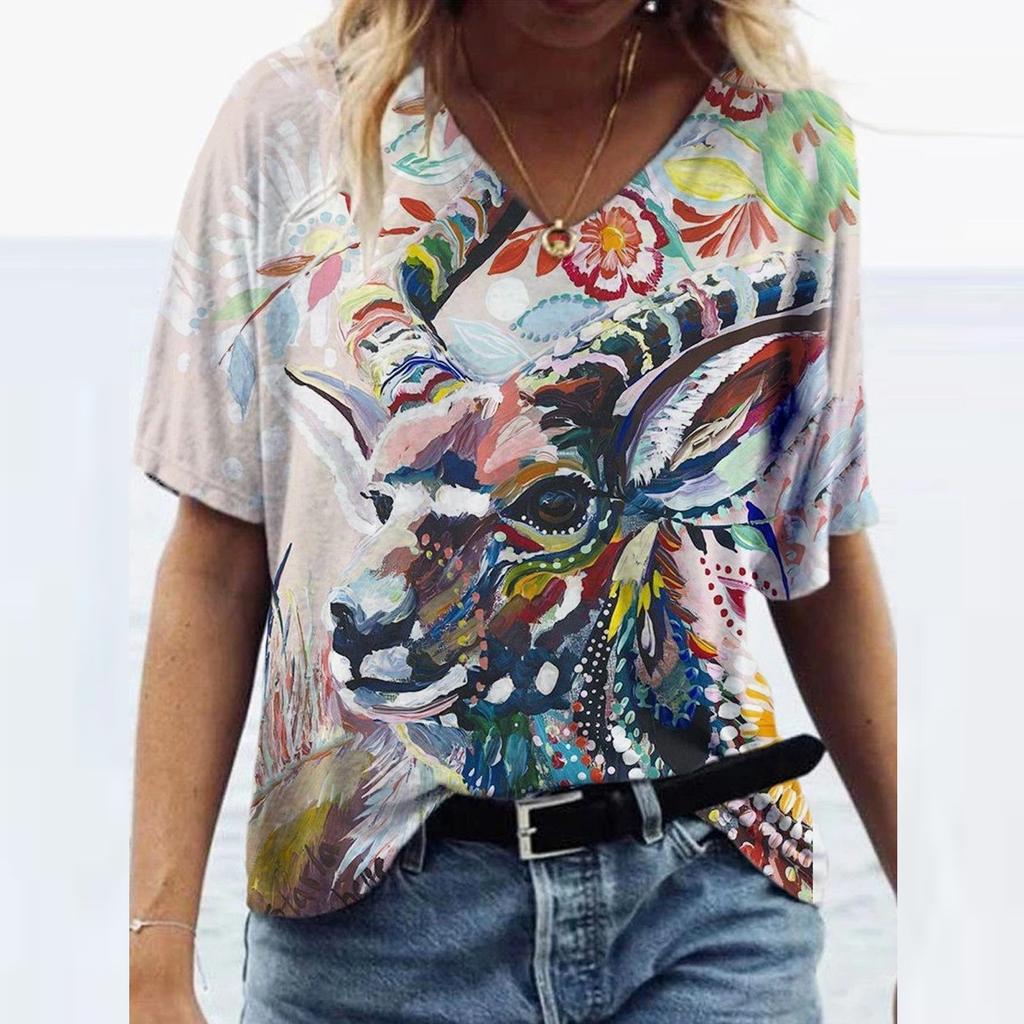 Fashion Women's Summer Printed Short Sleeve Crew-Neck T-Shirt Casual Tee Tops