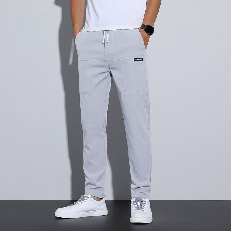 

Ice Silk Casual Pants Men s Summer Elastic Large Size High Waist Straight Tube Type Four-sided Elastic Green and Young Business Trousers M