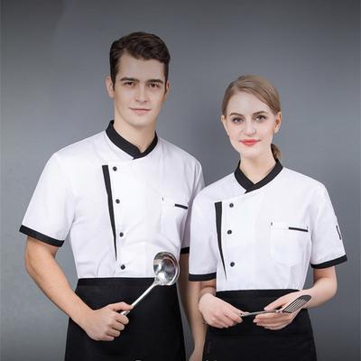 Chef Uniform Chinese Stand-Up Collar Short Sleeve Unisex Chef Tops with Practical Button Closure Color Matching Functional Pocket Restaurant Kitchen