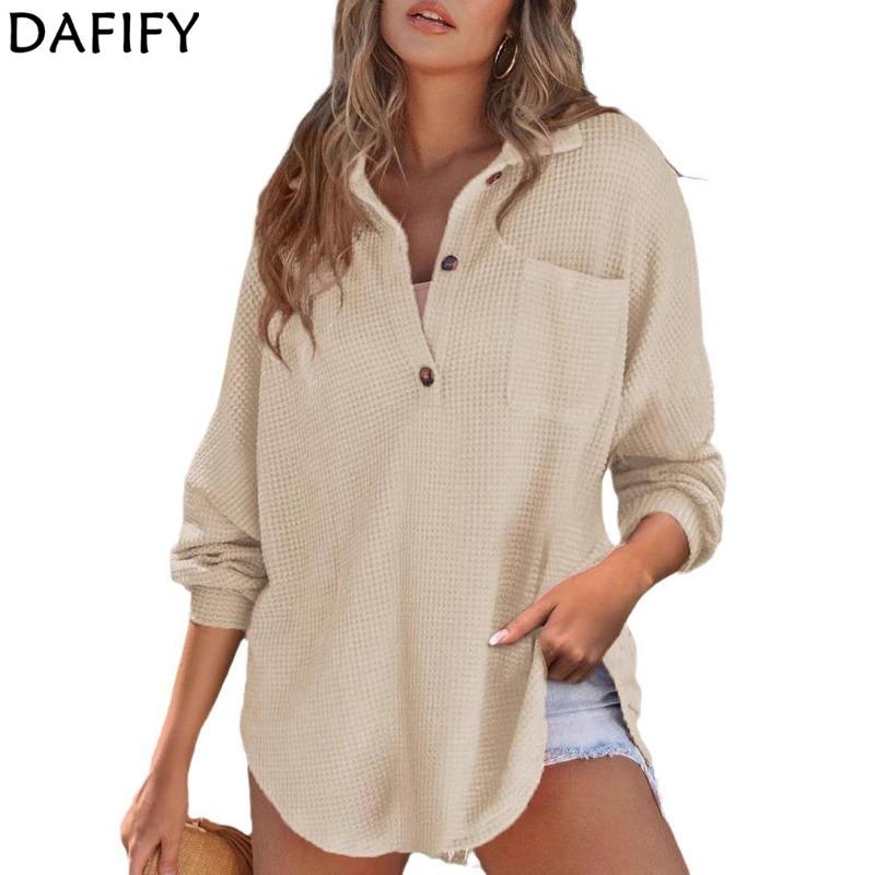 DAFIFY Women's Fashion Casual Spring Autumn Solid Color Print Long Sleeve POLO Neck Blouses & Shirts